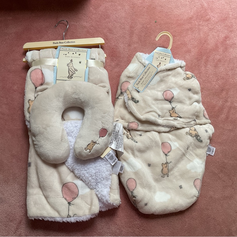 Disney Pooh bear Cream Baby Blanket and Neck Pillow Set & swaddle nwt
